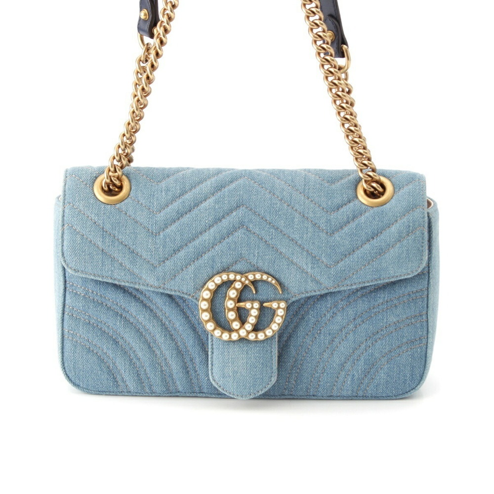 Gucci GG Marmont Denim Pearl Chain Shoulder Bag Blue